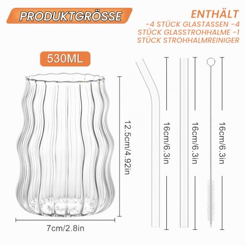 530ml Bubble Gläser mit Strohhalm, 4er Set gerippte Wave Gläser – Bild 2