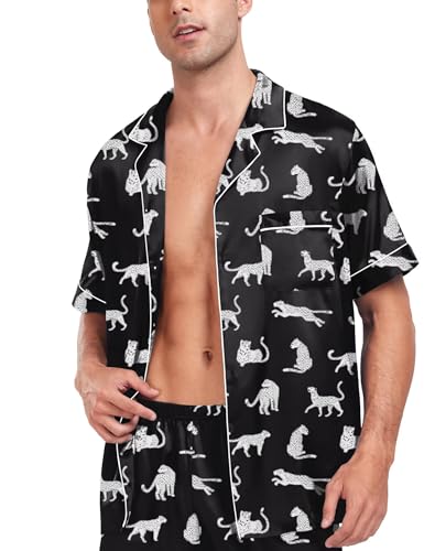 SWOMOG Men Satin Silk Pajamas Sets Short Sleeve Sleepwear Button-Down PJs Sets Two-Pieces Loungewear with Pockets Black Leopard Small2