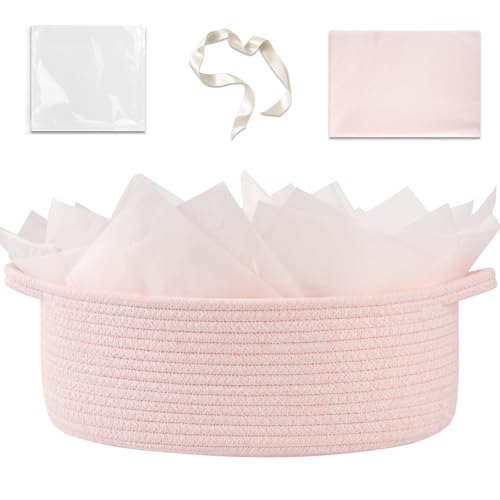 Image of OIAHOMY Gift Basket with Handle, 13.4 inchx 10 inchx 5.5 inch Woven Basket with Gift Bag, Ribbon and Wrap Tissue Paper, Nursery Bins Empty to Fill with Towels, Baby, Pet Toy Organizer - Pink
