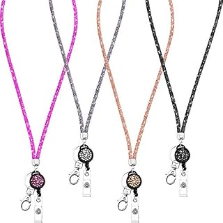 4 Pieces Crystal Lanyard Necklace with Retractable Badge Holder and Keyring, ID Card Holder Bling Rhinestone Crystal Lanyard Strap (Black, Grey, Champaign Gold, Rose Pink)