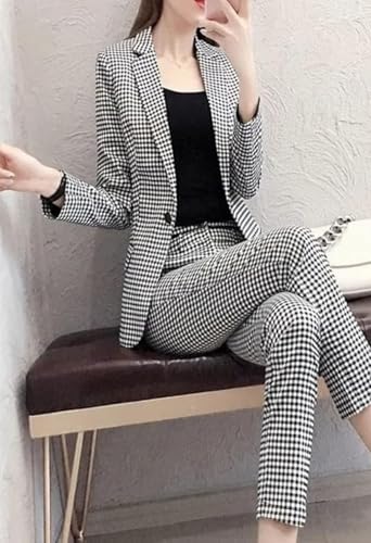 Image of Women's 3-Piece Cotton Blend Blazer Pant Set | Black & White Checkered Co-Ord Suit with Crop Camisole | Formal Office Wear, Business Casual, Interview, Corporate