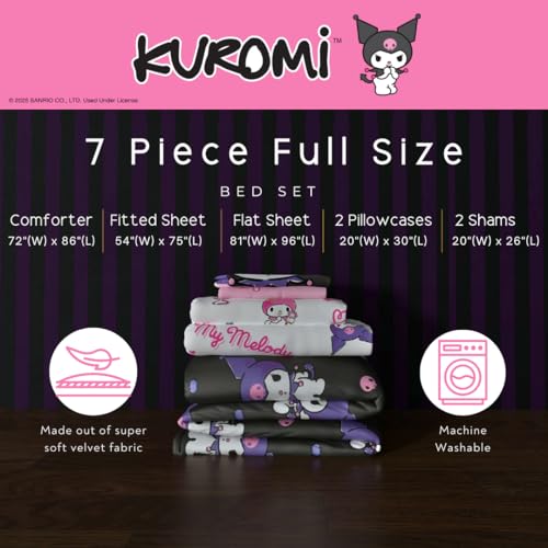 Image of Sanrio Kuromi & My Melody Bedding 7 Piece Super Soft Cozy Reversible Comforter and Sheet Set with Sham, Full, (Officially Licensed Product) By Franco