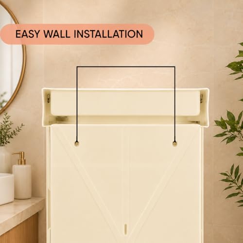 Image of CIPLA PLAST Rich Look Plastic Wall-Mounted Bathroom Mirror Cabinet with Storage Shelves, Single Door, Bathroom Mirror Cabinet with Towel Holder | (Ivory)