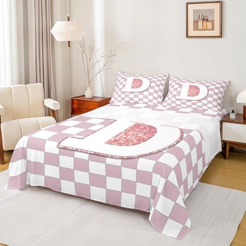 Image of Erosebridal Pink Initial D Bedding Set Full Kawaii Plaid Checkered Bed Sheets Cute Personalized Monogram Sheet Set Kids Girls Teen Women,Fashion Grids Gingham Fitted Top Sheets 4 Piece