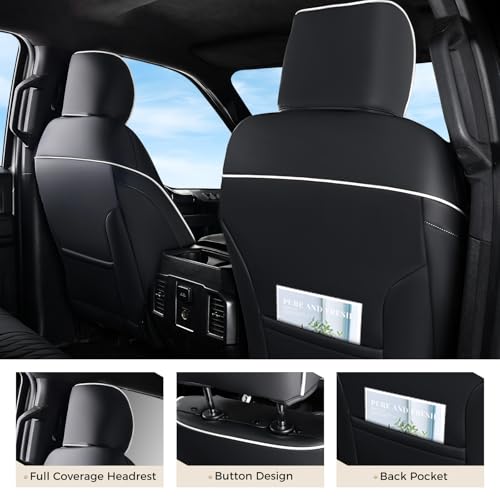 Image of Coverado Premium Leather Full Set Seat Covers Waterproof Heavy-Duty Protectors Custom Fit for Ford F150 (2015-2026) F250 /F350 /F450 (2017-2026)-Black w /White Stitching, Wear-Resistant