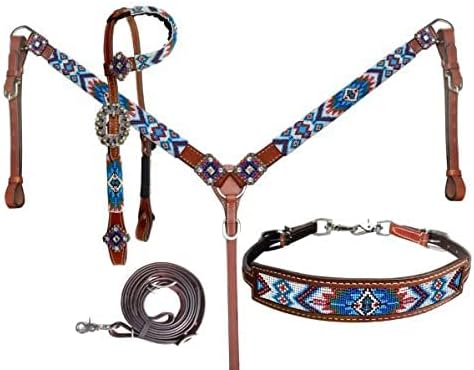 Showman Blue Beaded Southwest Design Single Ear Leather Headstall & Breast Collar Set, Average Full Size Horse
