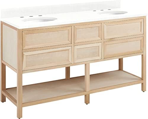 Signature Hardware 483633 Robertson 60" Double Vanity Cabinet Set with Wood Cabinet, Vanity Top and Oval Undermount Sinks - 8" Faucet Holes - Unfinished/Feathered White