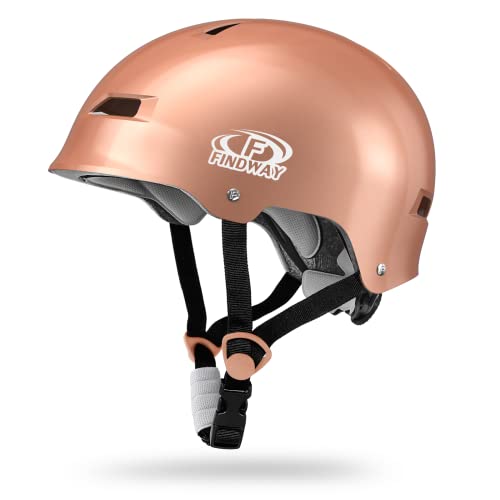 Findway Fahrradhelm Skaterhelm für Erwachsene Kinder mit Verstellbarem Riemen, Leichter Skateboard Helm für Herren Damen Kinderhelm Roségold mit 2 Paar Ersatzpads Atmungsaktiver Skaterhelm,M