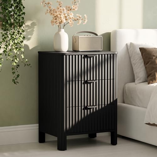 Image of Wodeer 3 Drawer Black Dresser for Bedroom, 20 inch W Wood Storage Cabinet with Fluted Design, Modern Chest of Drawers for Living Room, Nursery Clothing Organizer with Metal Slides, Anti-Tipping