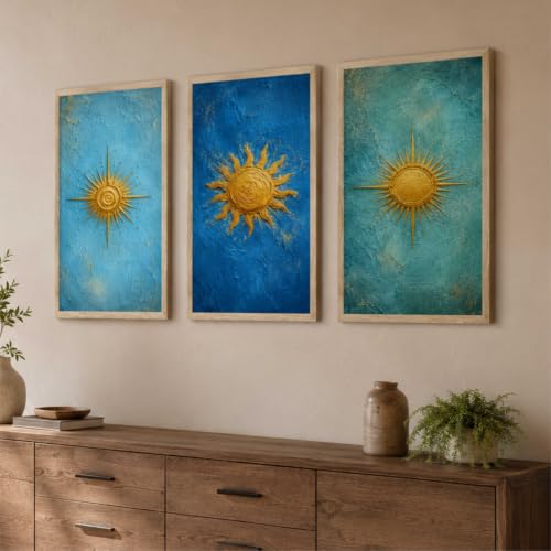 Image of Livin'luxe Set of 3 Golden Sun Abstract Wall Paintings for Living Room Bedroom Hallway Home Decor with Premium Wooden Color Synthetic Frame (13.5 x 19.5 Inch) NM03-71