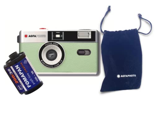 Appareil photo argentique 35mm AgfaPhoto compact vert menthe avec film noir et blanc et pile
