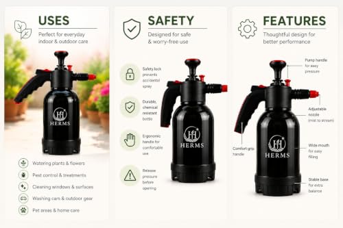 Image of HERMS Aquamist 2L Hand Pressure Spray Pump | 3 Spray Modes | Adjustable Brass Nozzle | Garden Sprayer for Watering Plants, Pesticide, Fertilizer, Home Garden, Nursery & Car Washing (Black)