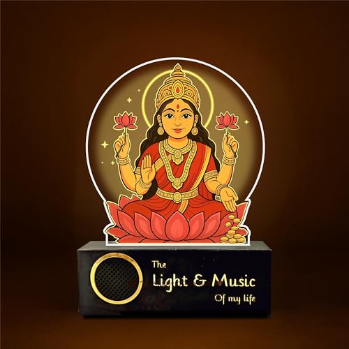 Image of ZOCI VOCI Goddess Lakshmi LED Lamp with Wooden Base - Laxmi Ji Night Light for Pooja Room, Lakshmi Photo Frame Lamp for Home Temple Decor, Diwali Gift, Spiritual (Warm Light + BT Speaker)