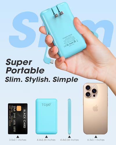 TG90° 5000mAh Slim Portable Charger,Ultra Compact Portable Charger with Built-in AC Wall Plug & USB-C Fast Charging,Pocket Size Travel Charger Compatible with iPhone 17 16 15 14 Samsung S22 S21 iPad4