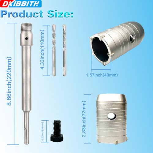 Image of 1-5 /8 inch Concrete Hole Saw, 40mm Tungsten Steel Core Bit for Cinder Block, Brick, Rock, Plank Walls for Pipes or mini Split Lines, with SDS Plus Shank and 2 Center Positioning Drill Bits.