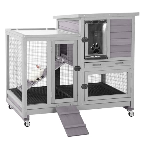 GUTINNEEN Rabbit Hutch Indoor Rabbit Cage with Wire Mesh Floor and Wheels Outdoor Bunny House 2 Story Guinea Pig Cage with Leakproof Asphalt Roof (Higher Version)