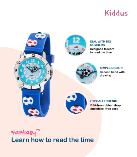 Kiddus Reloj Educativo de Calidad para niña y niño. Analógico de Pulsera, con Ejercicios Time Teacher para Aprender a Leer y Decir la Hora. Fútbol