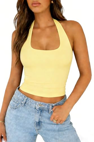 ForeFair Halter Tank Tops for Women Going Out Top Double Lined Crop Backless (Yellow S)