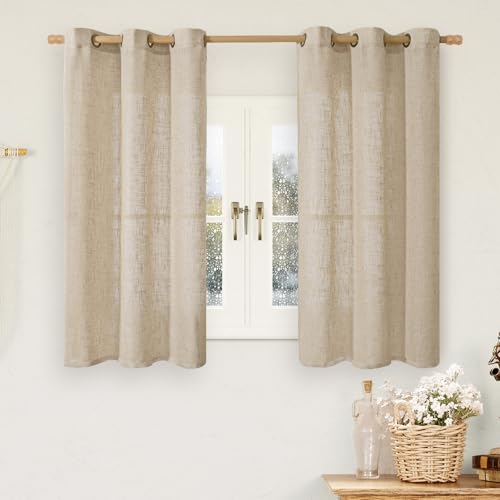 Image of LAMIT 54 Inch Brown Linen Curtains for Small Windows 2 Panels Set, Light Filtering Semi Sheer Panels Bronze Grommet Short Window Drapes for Kitchen /Bathroom /Bedroom, 34 x 54 Inch
