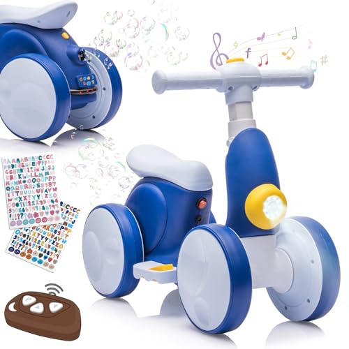 Electric Baby Balance Bike with Bubble Machine for 1 Year Old Boys Girls 4 in 1 Ride On Toys Toddler Balance Bike 12-48 Month Kids Bubble Bike First Birthday Gift with Powered Motor,Music,LED Lights