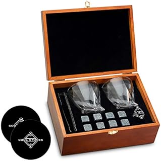Cool Stones, Whiskey Glasses Set of 2 - Great Gift Set for Men - Bourbon Glasses Made for Whiskey Rocks - Includes Chilling Stones and Wooden Box - Glass Goes with Scotch, Whisky and Bourbon