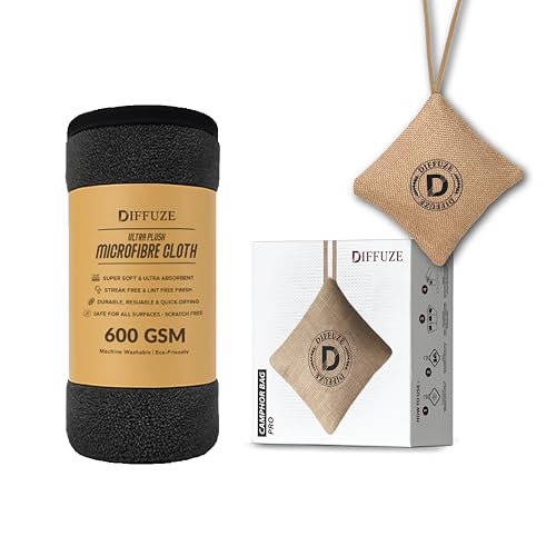 Image of DIFFUZE 4-in-1 Camphor Bag Pro | Luxury Air Freshener & Purifier for Car & Home | Natural Jute Bag with White Camphor + Microfibre Cloth | Long Lasting & Toxin-Free