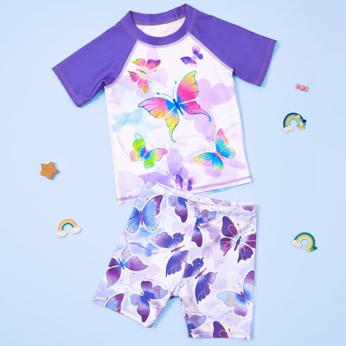 Image of WAWSAM 2 Pieces Girls Rash Guard Toddler Swimsuit Girl Swimsuit Short Sleeve Bathing Suit for 3-6 Years