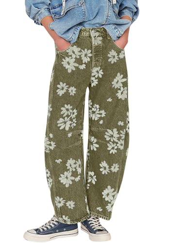loveimgs Women Y2k Distressed Barrel Jeans Baggy Wide Leg Jeans Floral Printed Boyfriend Patchwork Denim Pants (Medium Green)