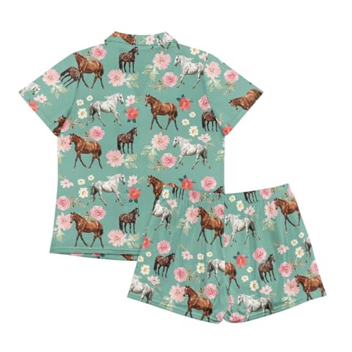Image of Renewold Women's Short Sleeve Pajama Set Button Down Sleepwear with Notch Collar Soft Lounge Top and Shorts with Pockets