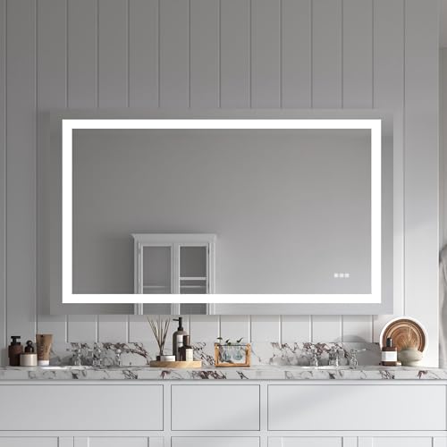 TOOLKISS Front Lit LED Bathroom Mirror 60x36, Wall Mounted Lighted Vanity with Dimmable Anti-Fog Smart Memory, Shatter-Proof Glass, Horizontal or Vertical