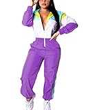 EOSIEDUR Women's One Piece Tracksuit Outfits Windbreaker Jacket Camouflage Crop Top Pants Jumpsuit 80s/90s Set Purple L