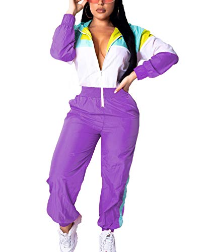 hit air vest buckle type - EOSIEDUR Women's One Piece Tracksuit Outfits Windbreaker Jacket Camouflage Crop Top Pants Jumpsuit 80s/90s Set Purple L