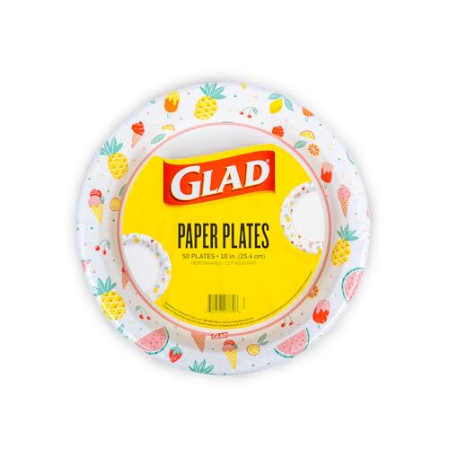 Glad Disposable Paper Plates Picnic Design - Soak Proof Cut-Resistant and Microwavable for All Foods Great for Outdoor Parties and Everyday Meals Multicolor 10 Inch 50 Count