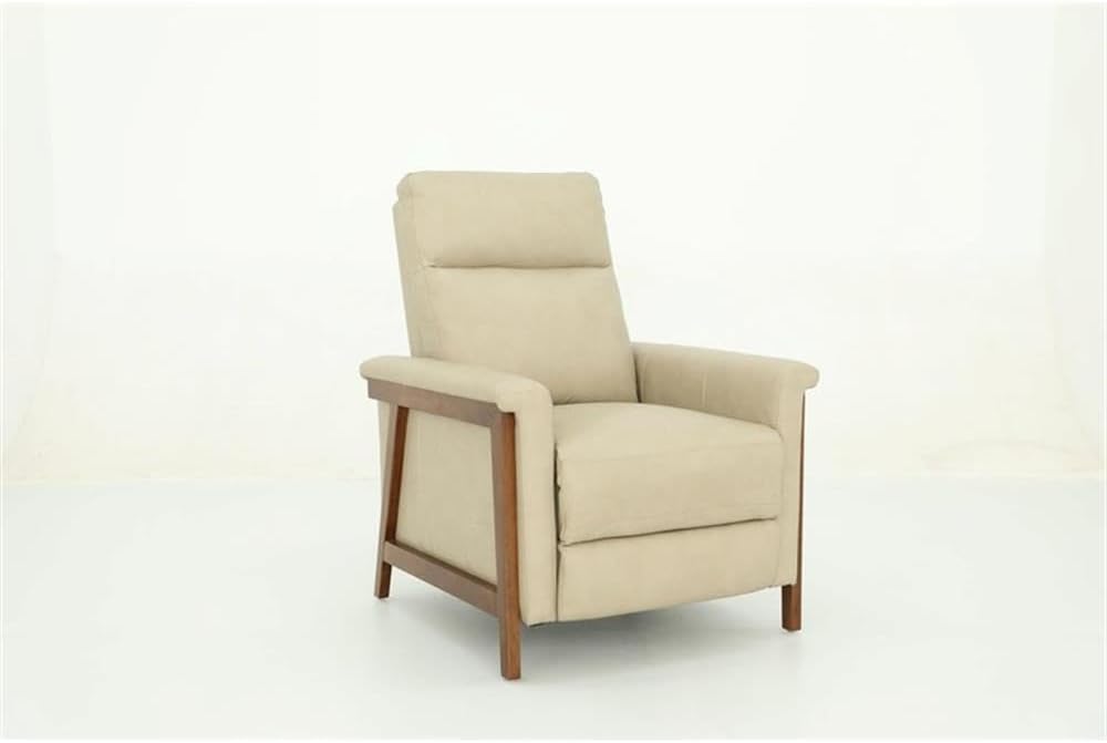 Pemberly Row Leather Push Thru Arm Recliner, Cashmere Stone, Top Grain Leather Upholstery, 3-Way Reclining Function, Rustic Brown Wood Frame, 43.3 in Back Height, Modern Living Room Seating
