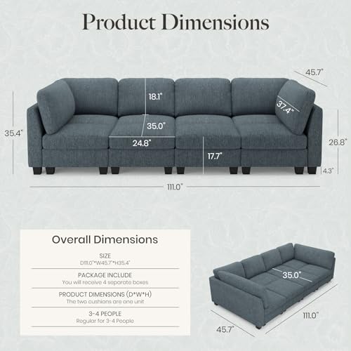 Image of Belffin Modular Cloud Sleeper Sofa Bed with Deep Seat Cloud Sectional Couches for Living Room. Blue Grey Couch