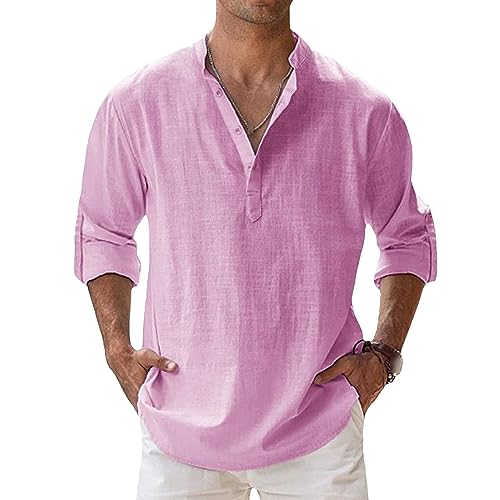 Maiyifu-GJ Men's Linen Cotton Henley Shirt Casual Roll-Up Long Sleeve Basic Shirt Band Collar Plain Blouse Tee (4X-Large,Pink)