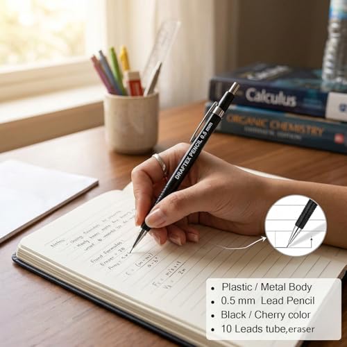 Image of Isomars Draftex 2B Mechanical Pencil Set - 0.5mm Black Pencils with Extra Leads & Erasers | Set of 2 Technical Drafting Pencils for Drawing, Sketching, Engineering, Architecture & Writing