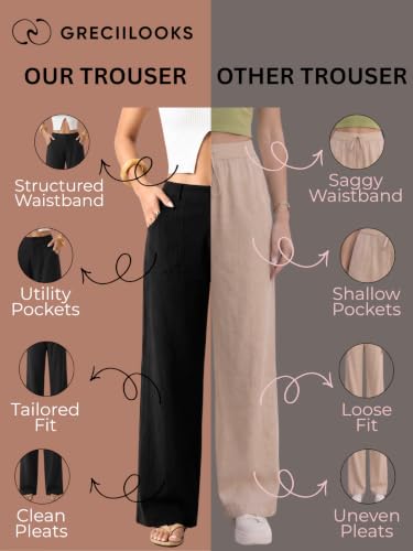 Image of GRECIILOOKS Beige Wide Leg Linen Trousers for Women | High Waist Cotton Baggy Korean Style Casual Pants | Comfortable Formal & Casual Women Trousers