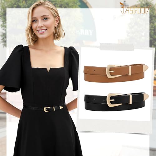 JASGOOD 2 Pack Women's Skinny Leather Belts Faux Leather Thin Waist Belts with Gold Buckle for Jeans Pants Dresses3