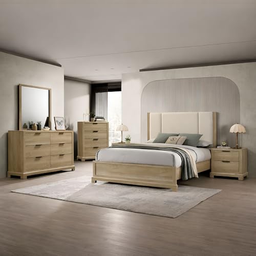 Kings Brand Furniture Linden Modern 6-Piece Bedroom Set - Bed Frame with Upholstered Headboard, Chest, Dresser with Mirror and 2 Nightstands (Queen)