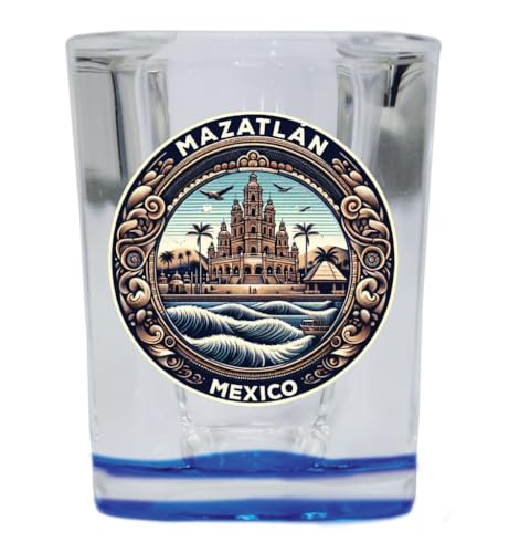 R and R Imports Mazatlán Mexico Souvenir Destination 2 Ounce Shot Glass Square Blue Base 2-Pack