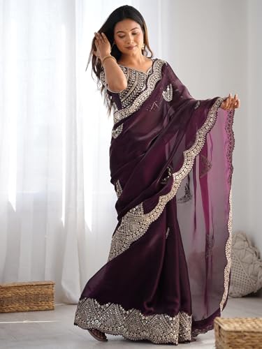 Image of Satrani Women's Tissue Silk Sequin Embroidery Scalloped Border Saree with Unstitched Blouse Piece