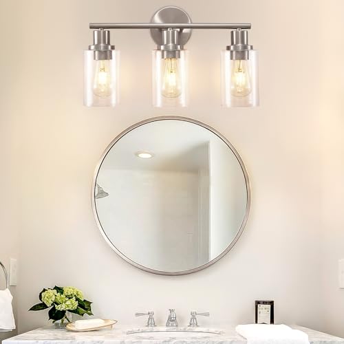 Image of DLLT 3-Light Bathroom Light Fixtures: Nickel Modern Vanity Lights with E26 Bulbs - Clear Glass Shade Bathroom Wall Lamp for Mirror Kitchen Living Room Hallway Cabinet Porch