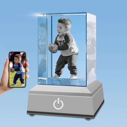 3D Crystal Photo with LED Light Base, Personalized Gifts with Your Own Photo, Laser Engraving 3D Pictures and Customized Text, Small