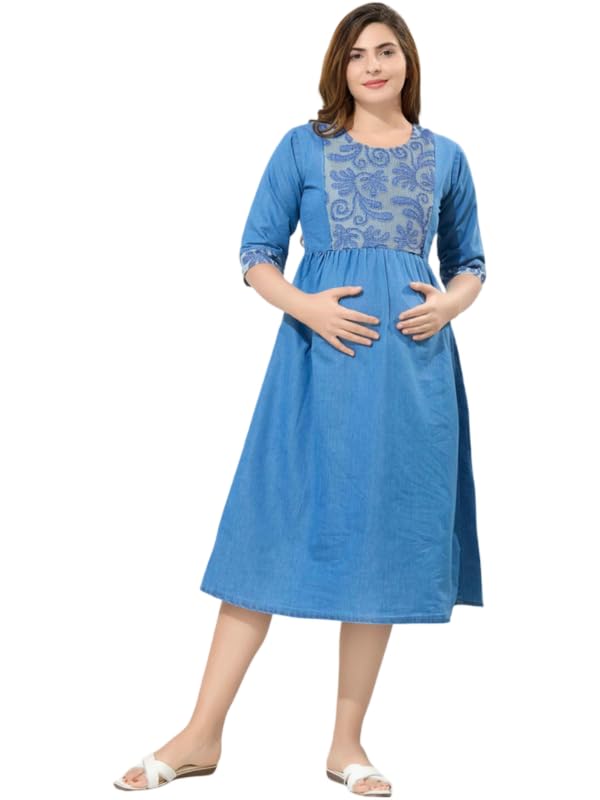 easy mom Embroidered Denim Maternity Empire Midi Dress for Women | Maternity Maxi Dress for Women | Soft Cotton Pregnancy Dress | Feeding Access | Perfect for Office, Daily-picture-15