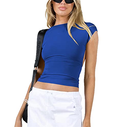 kewing Tops sin Espalda para Mujeres, Camiseta sin Espalda de Verano, Manga Corta, Negro, Talla L