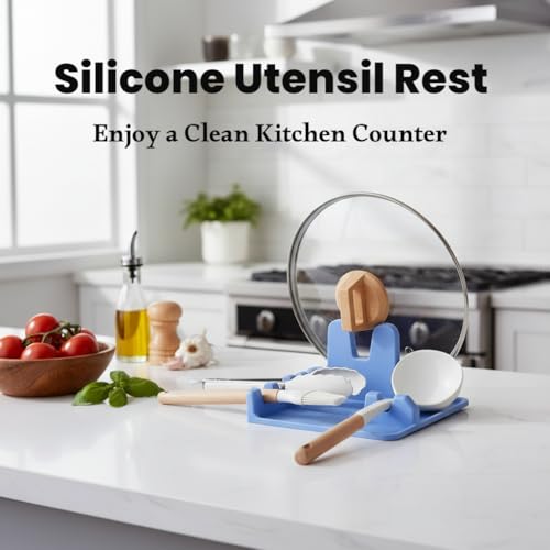 Image of Auoon Silicone Spoon Rest with Lid Holder - 3 in 1 Kitchen Utensil Rest for Soup Ladles, Pot Lids, Spatulas, Spoons, Tongs, BPA Free & Dishwasher Safe, 8.26 x 8.06 Inch (Blue Velvet, Large)