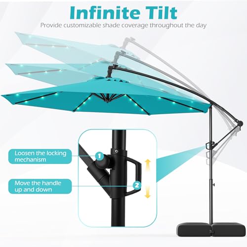 Tangkula 10ft Solar Patio Umbrella with Base Included, Offset Cantilever Outdoor Umbrella with 32 LED Lights, Infinite Tilt, 360 Degree Rotation, Crank Handle for Pool Deck Garden  image 6