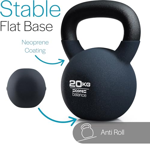 Core Balance 20kg Kettlebell Weight Cast Iron Neoprene Coated Heavy Duty Strength Training (Black) - Image 5