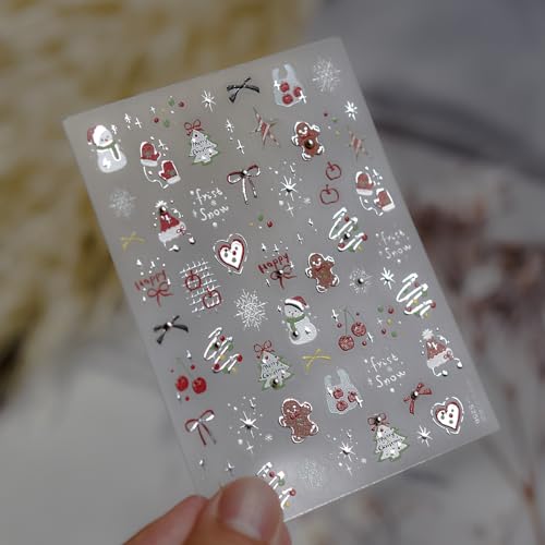 Image of Christmas Nail Stickers Snowman Nail Sticker for Nails Art Silver Nails Decals with Design Gingerbread Man Nail Decals 5D Self Adhesive Xmas Tree Nails Stickers for Women Girls Kid Manicure Decoration